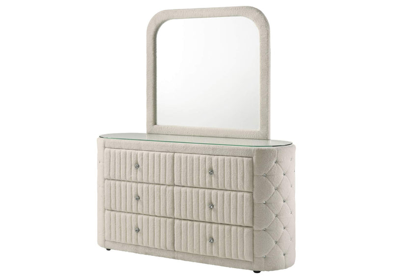 360113M Sonya 6-drawer Upholstered Bedroom Dresser with Mirror Ivory