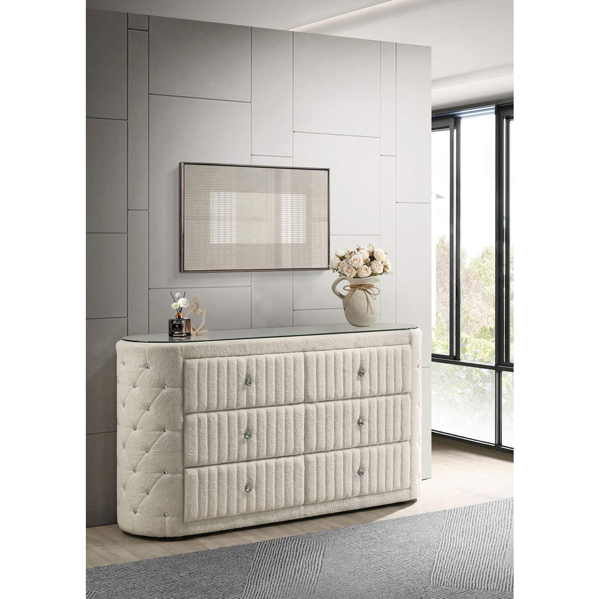 360113 Sonya 6-drawer Upholstered Bedroom Dresser Ivory