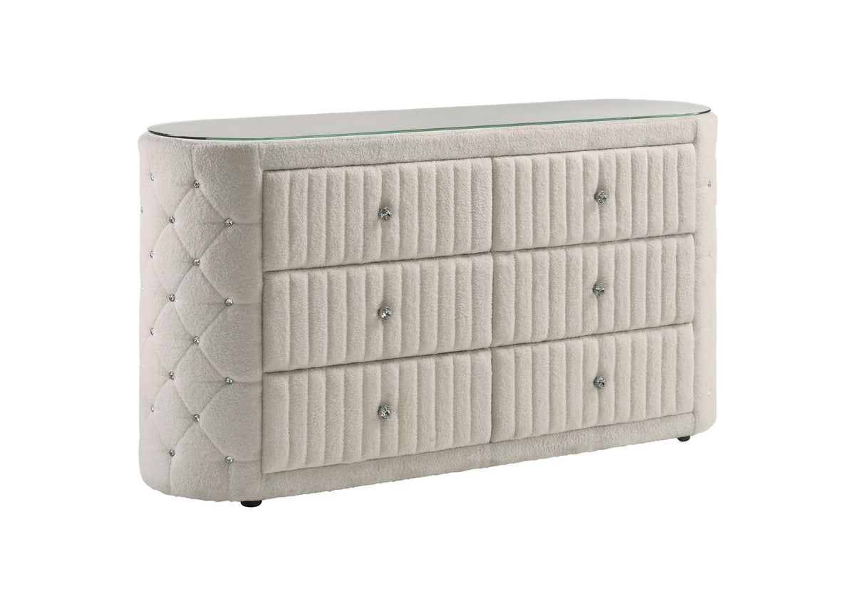 360113 Sonya 6-drawer Upholstered Bedroom Dresser Ivory
