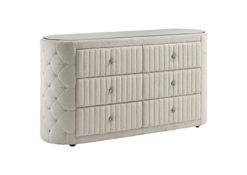 360113 Sonya 6-drawer Upholstered Bedroom Dresser Ivory