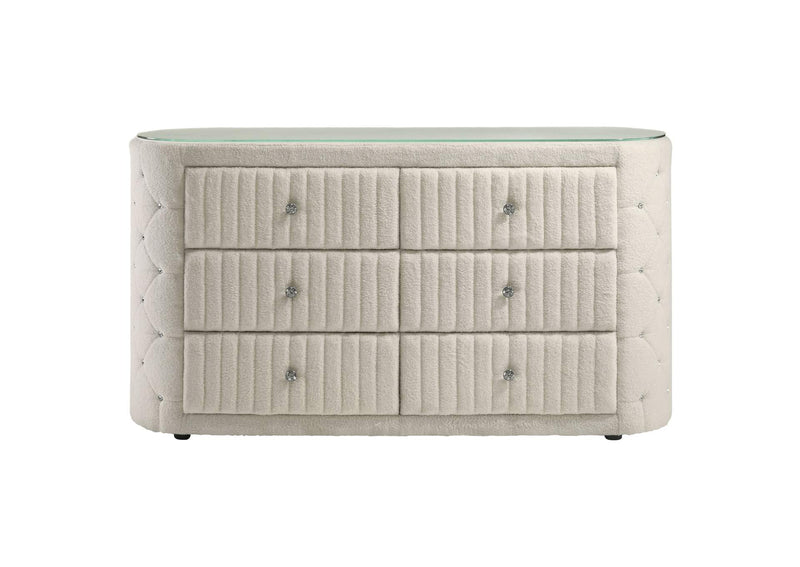 360113 Sonya 6-drawer Upholstered Bedroom Dresser Ivory
