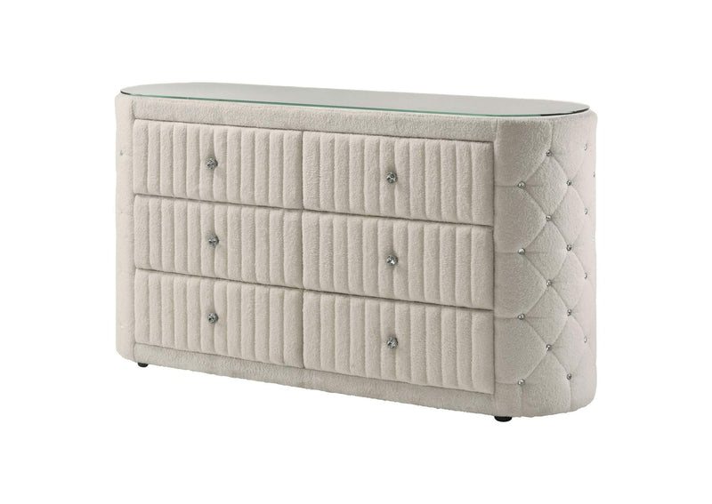 360113 Sonya 6-drawer Upholstered Bedroom Dresser Ivory