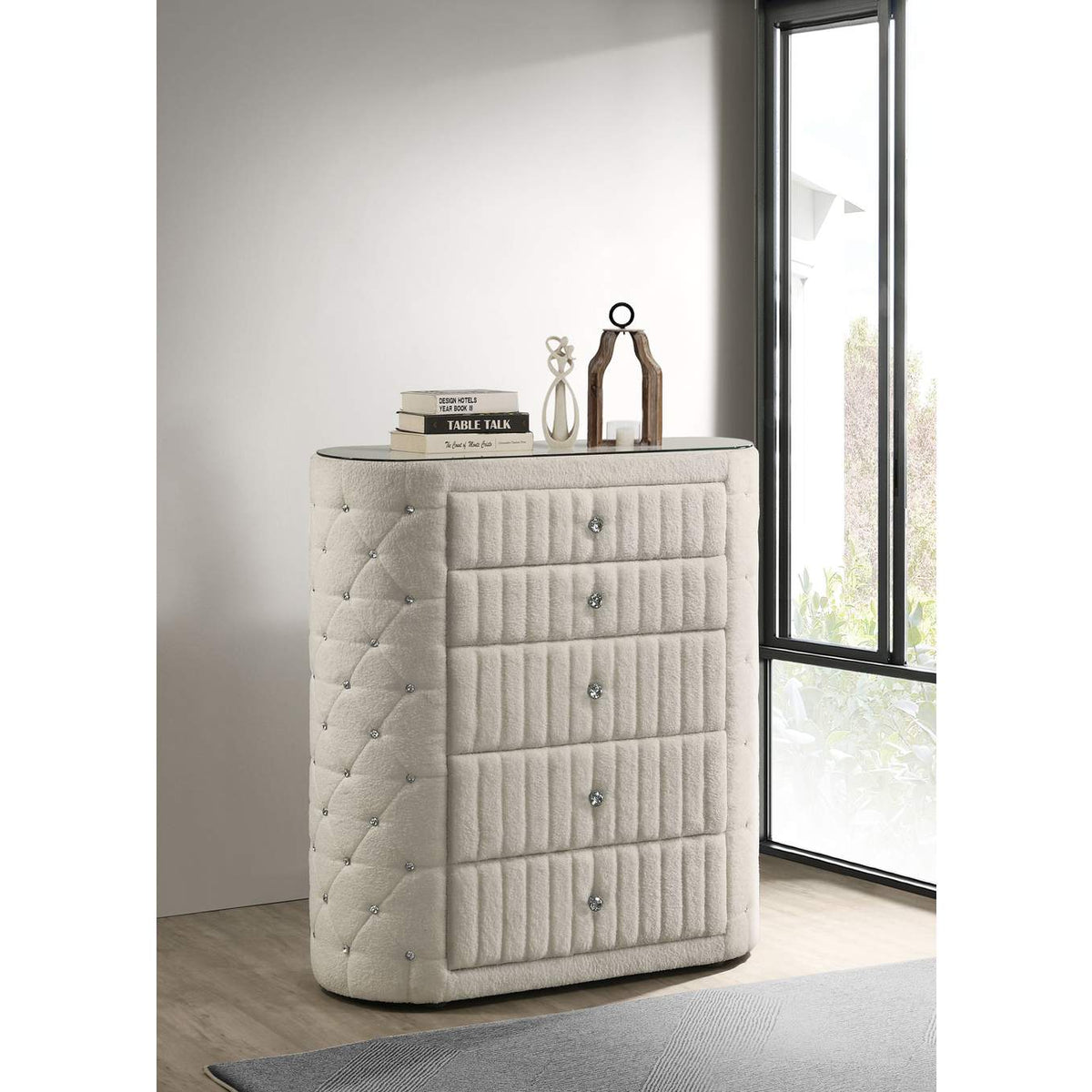 360115 Sonya 5-drawer Upholstered Bedroom Chest of Drawers Ivory