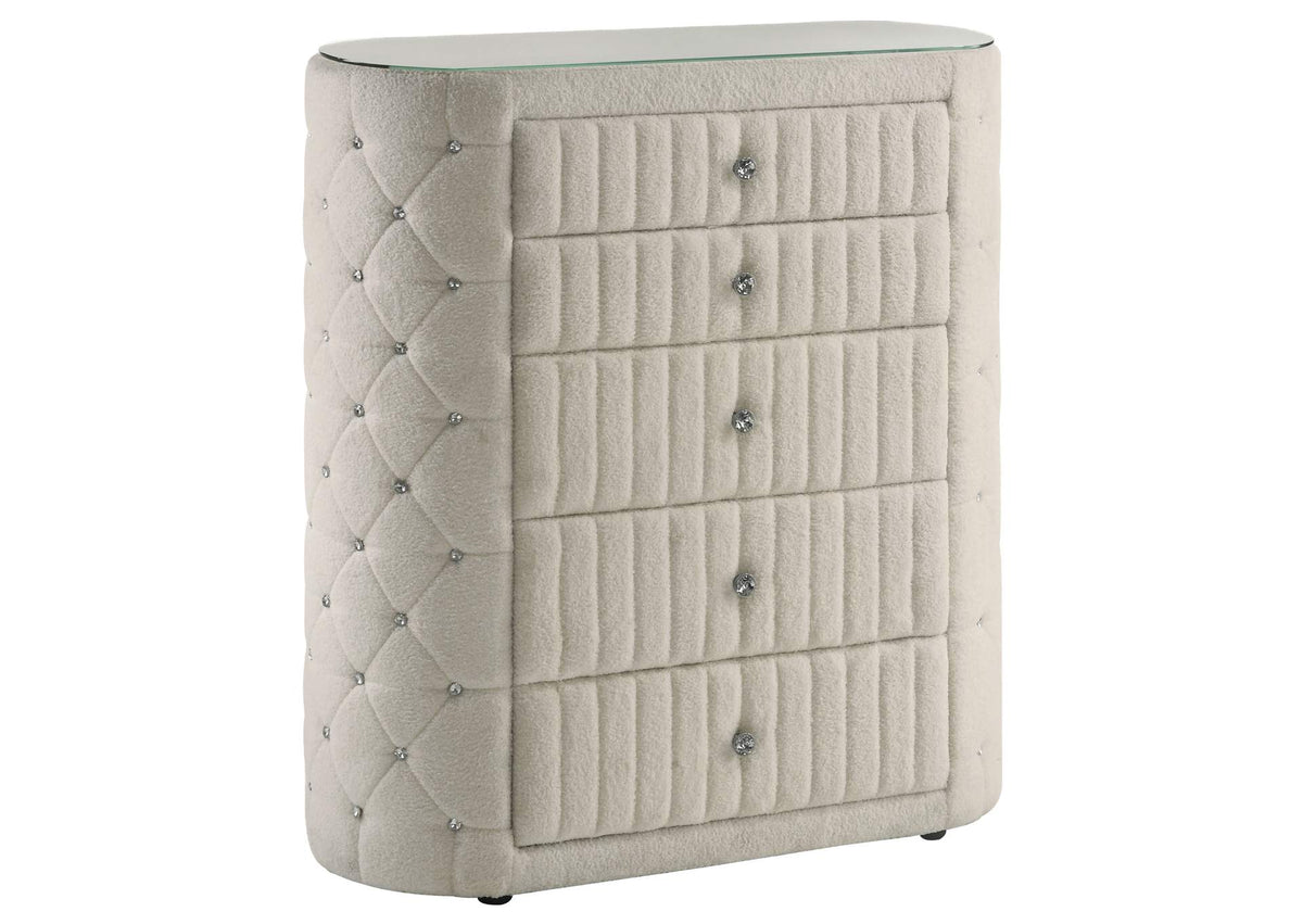 360115 Sonya 5-drawer Upholstered Bedroom Chest of Drawers Ivory