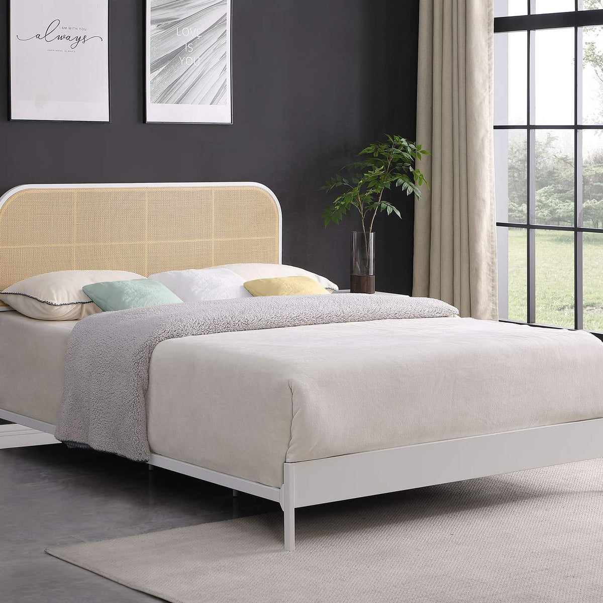 360301Q Amherst Radio Weave Rattan Metal Queen Bed White