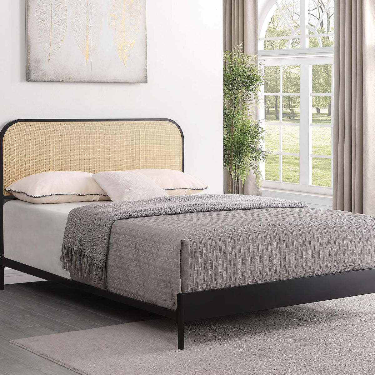 360351Q Amherst Radio Weave Rattan Metal Queen Bed Black