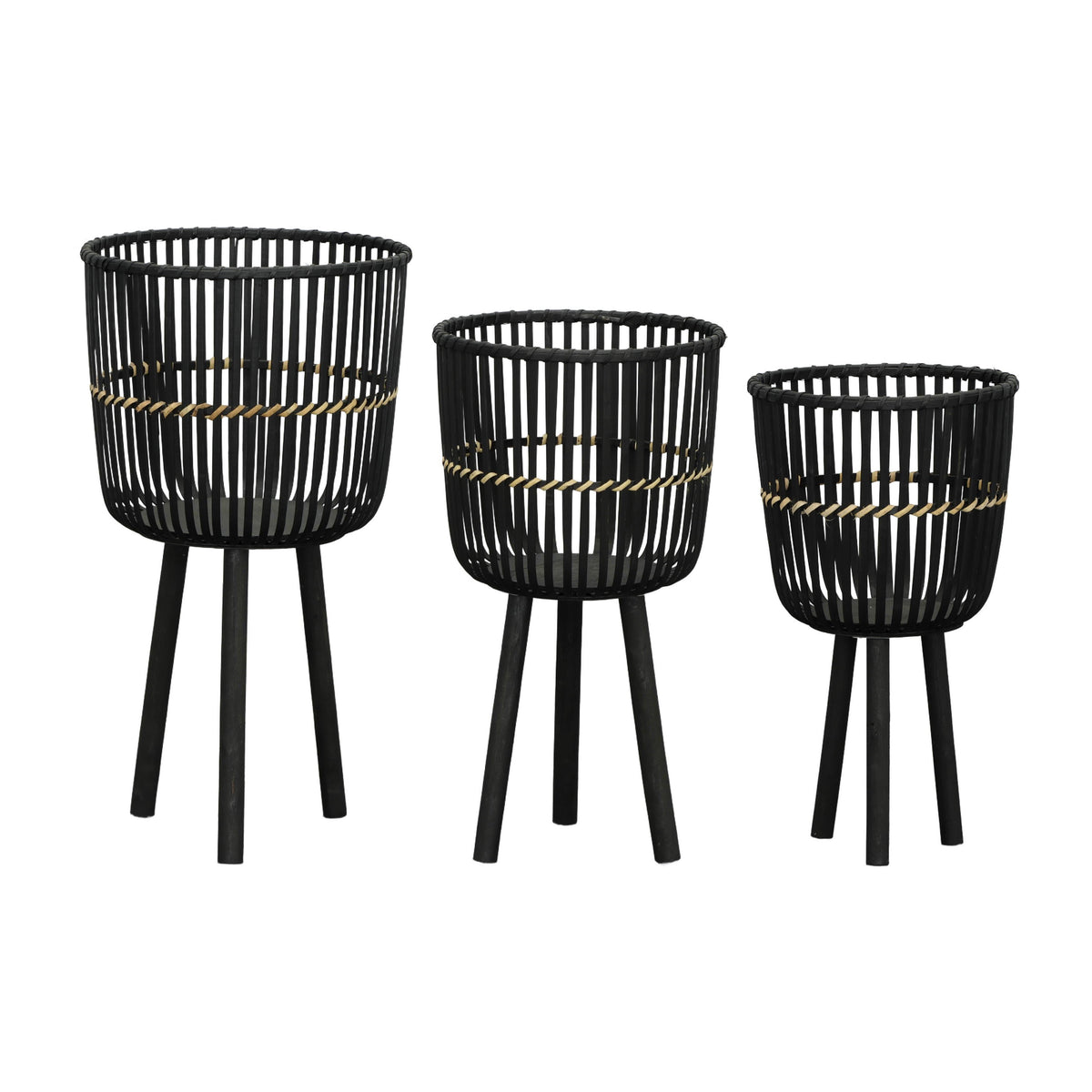 11" / 13" / 15" Bamboo Footed Planters (Set of 3) - Black