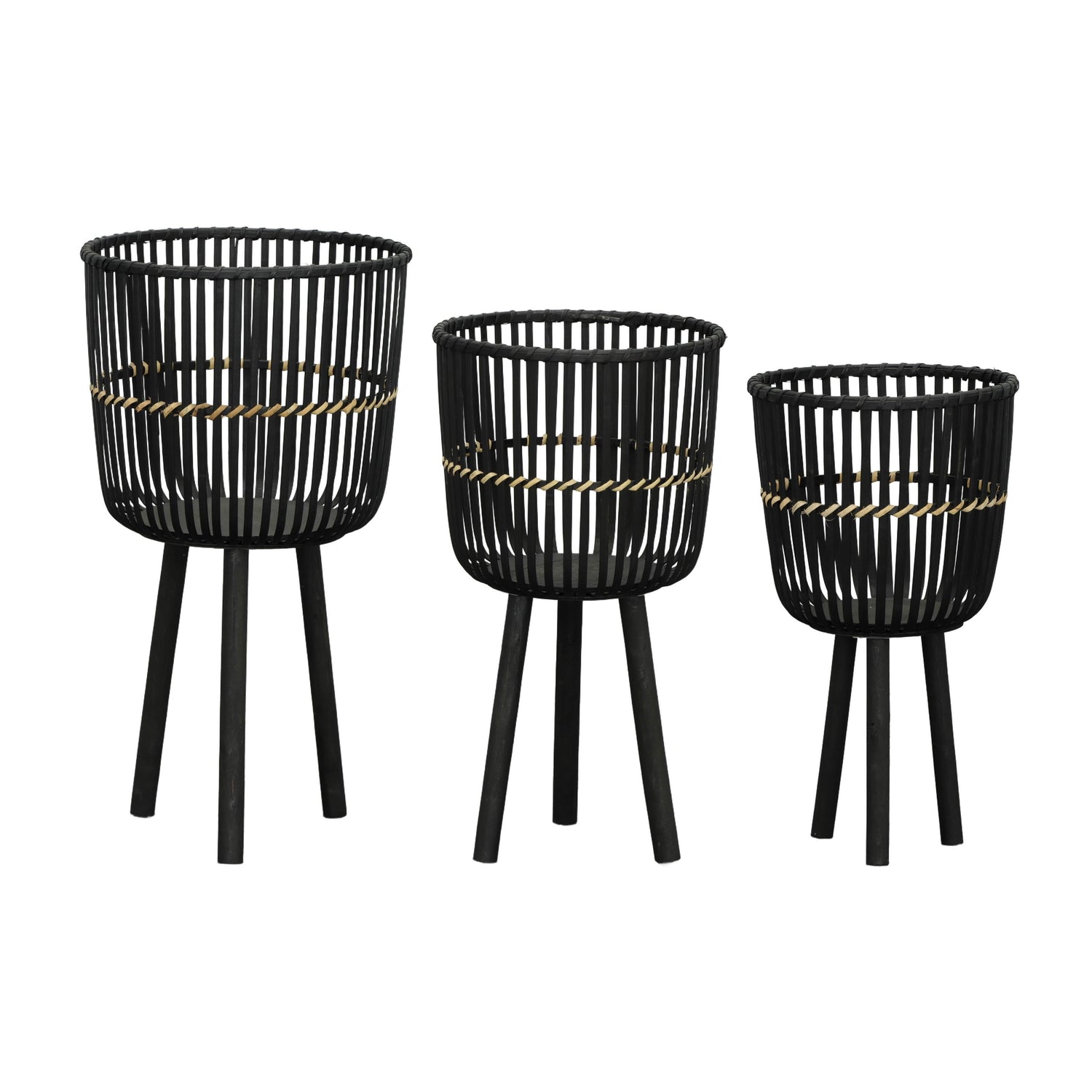 11" / 13" / 15" Bamboo Footed Planters (Set of 3) - Black