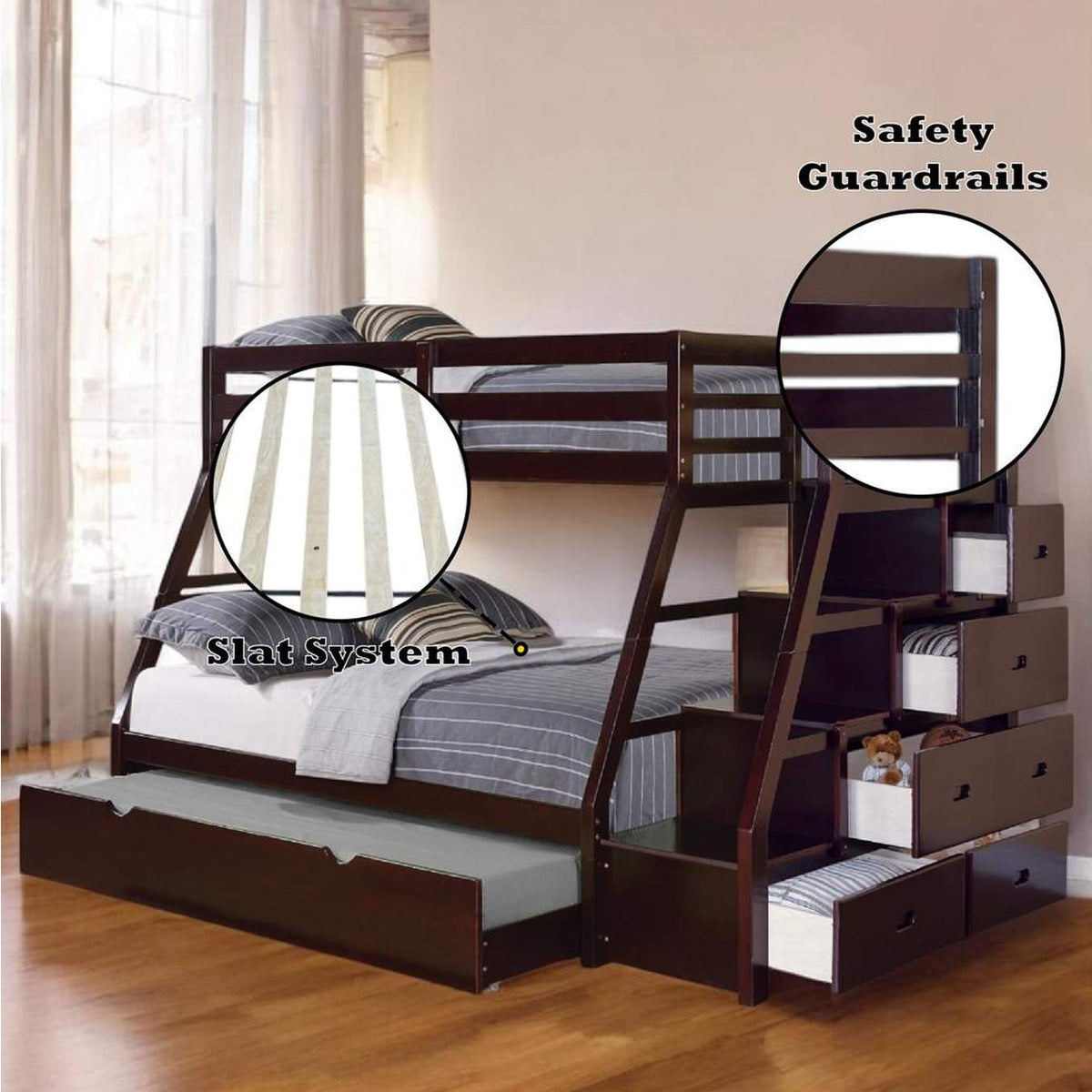 37015 Jason Twin-Full Bunk Bed with Trundle and Storage