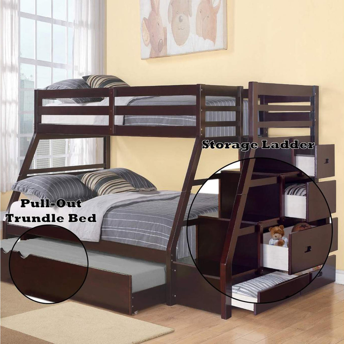 37015 Jason Twin-Full Bunk Bed with Trundle and Storage