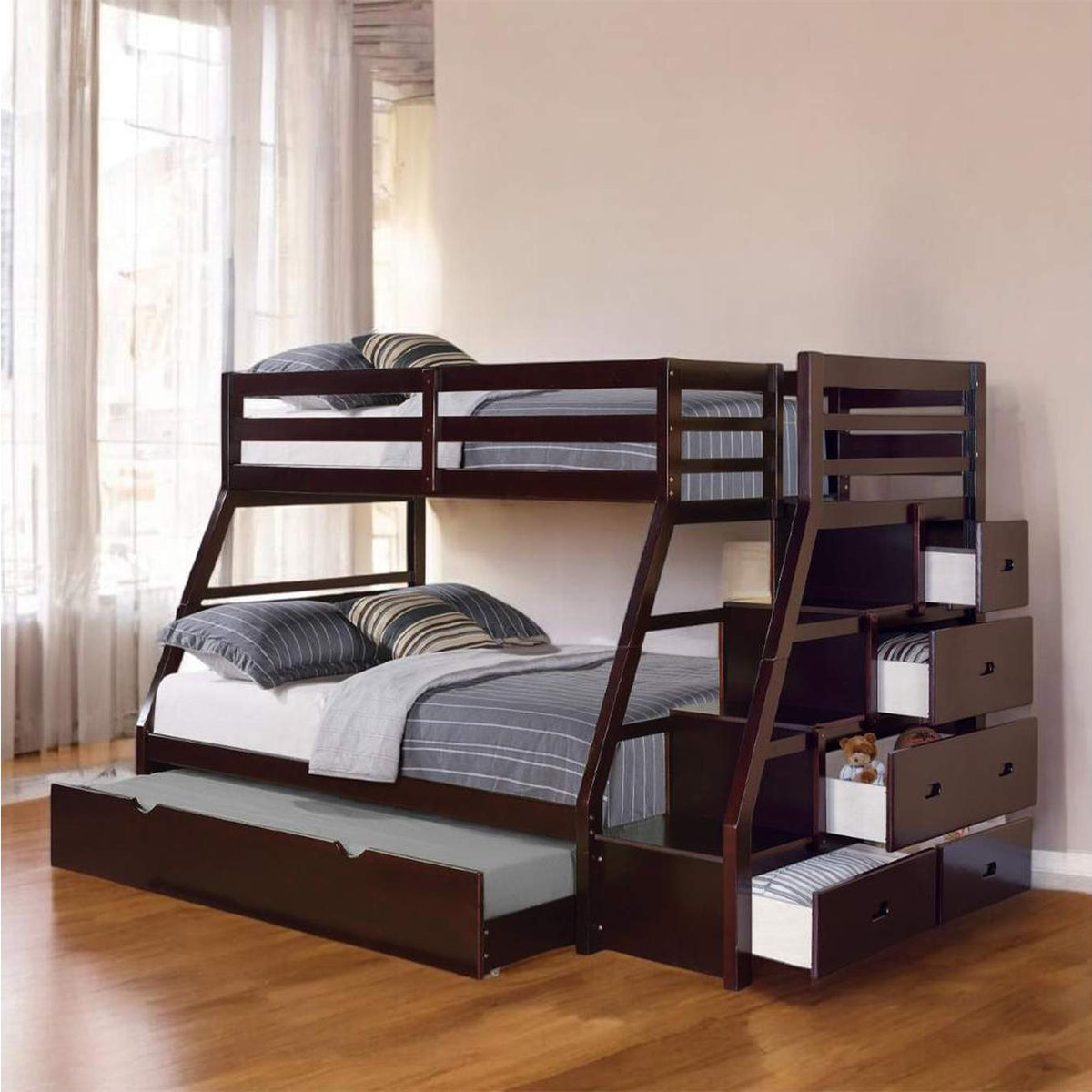 37015 Jason Twin-Full Bunk Bed with Trundle and Storage