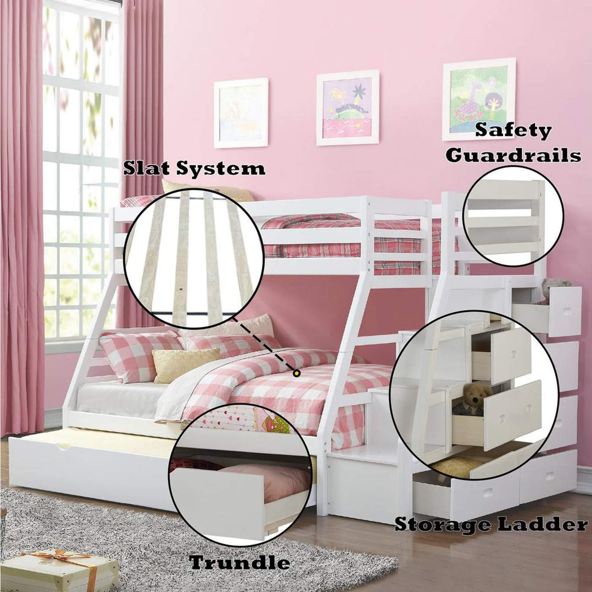 37105 Jason Twin-Full Bunk Bed with Trundle and Storage