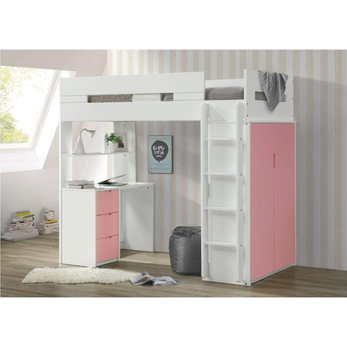 38040 Nerice Twin Loft Bed with Desk and Wardrobe