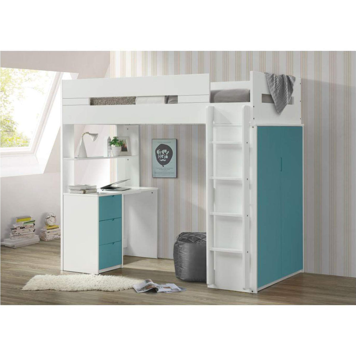 38045 Nerice Twin Loft Bed with Desk and Wardrobe