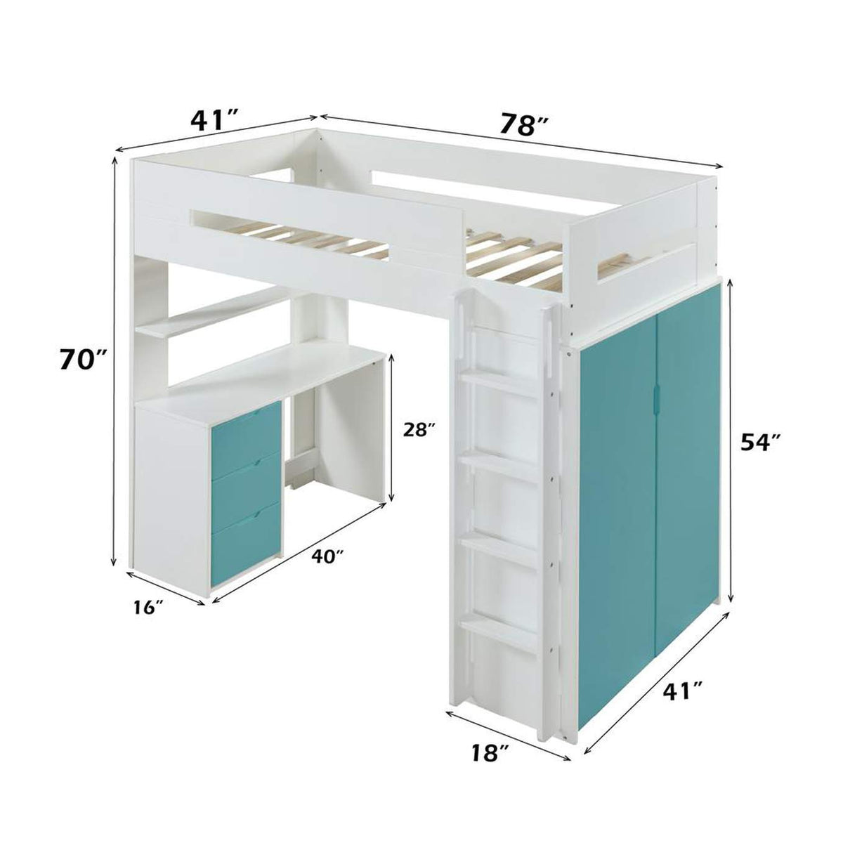 38045 Nerice Twin Loft Bed with Desk and Wardrobe