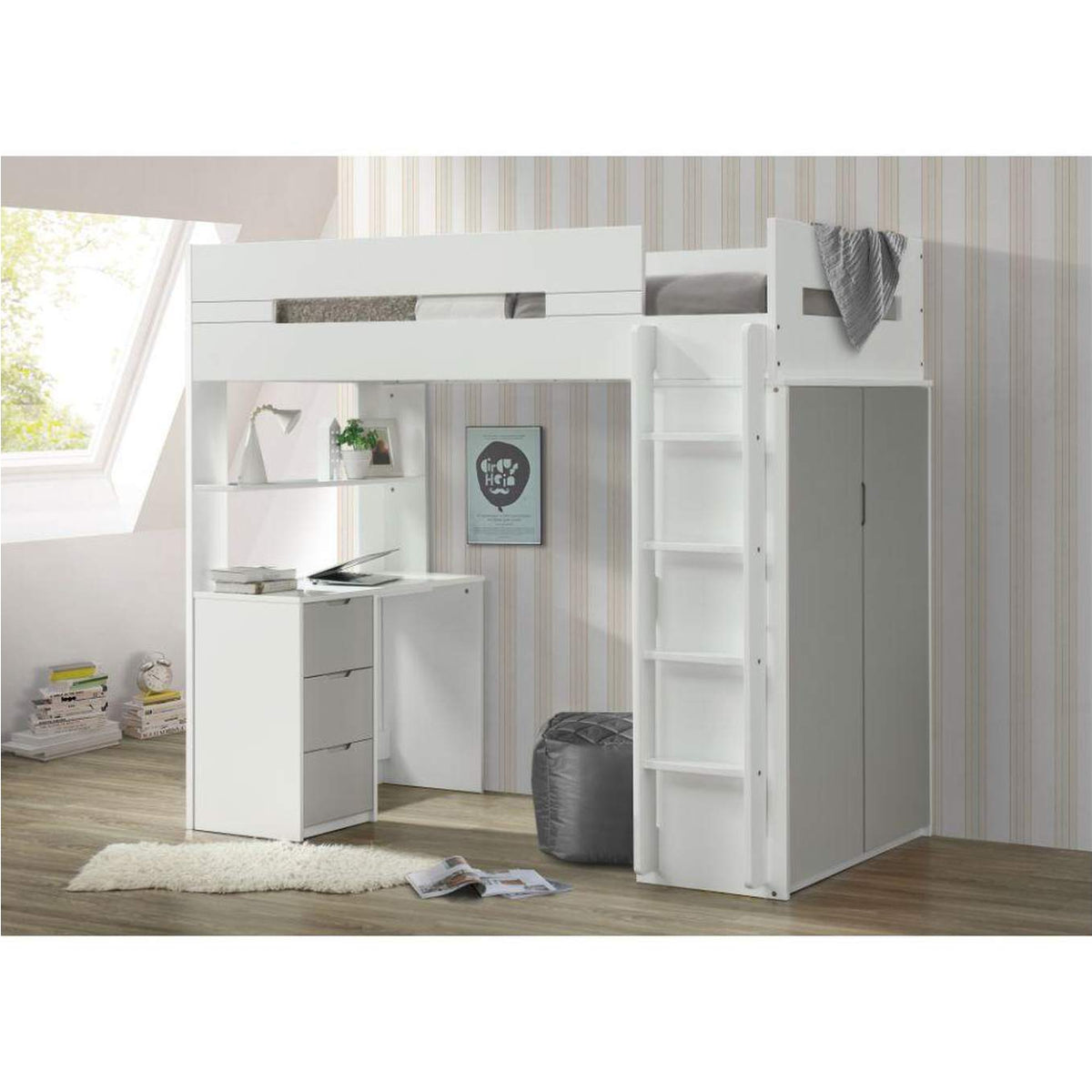 38050 Nerice Twin Loft Bed with Desk and Wardrobe