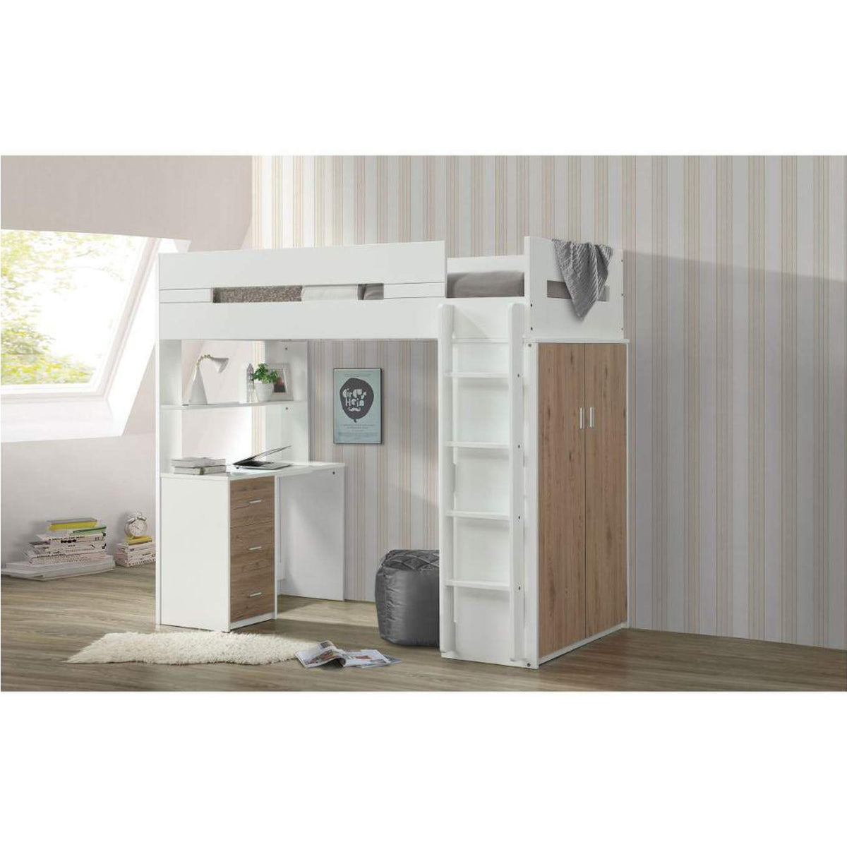 38055 Nerice Twin Loft Bed with Desk and Wardrobe