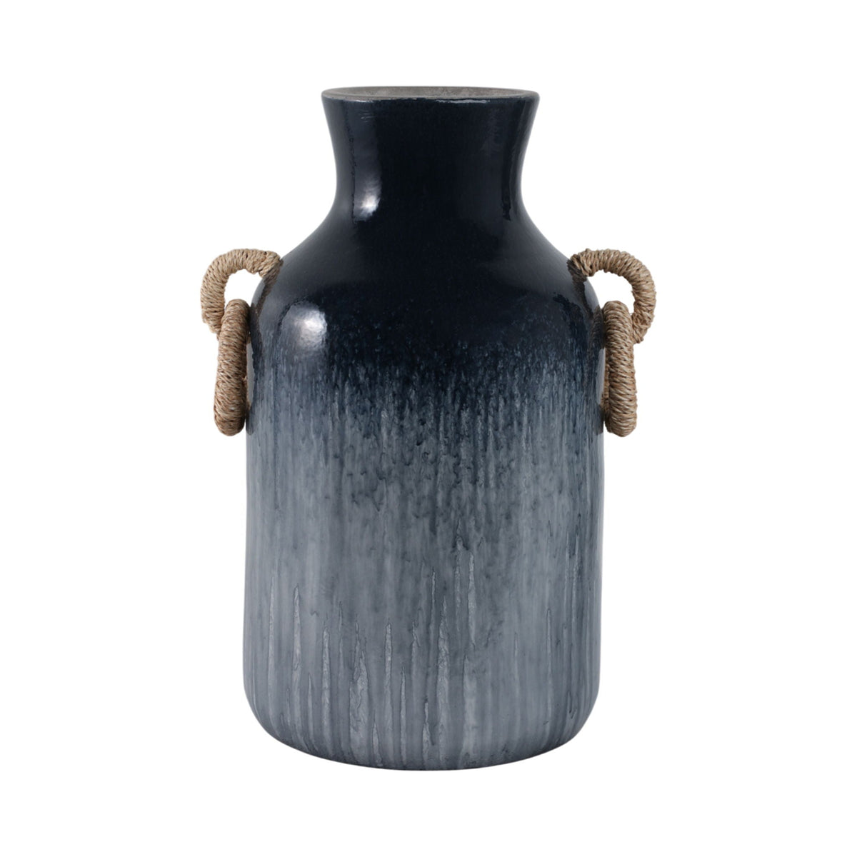 18" Vase With Rattan Handles Reactive Finish - Blue