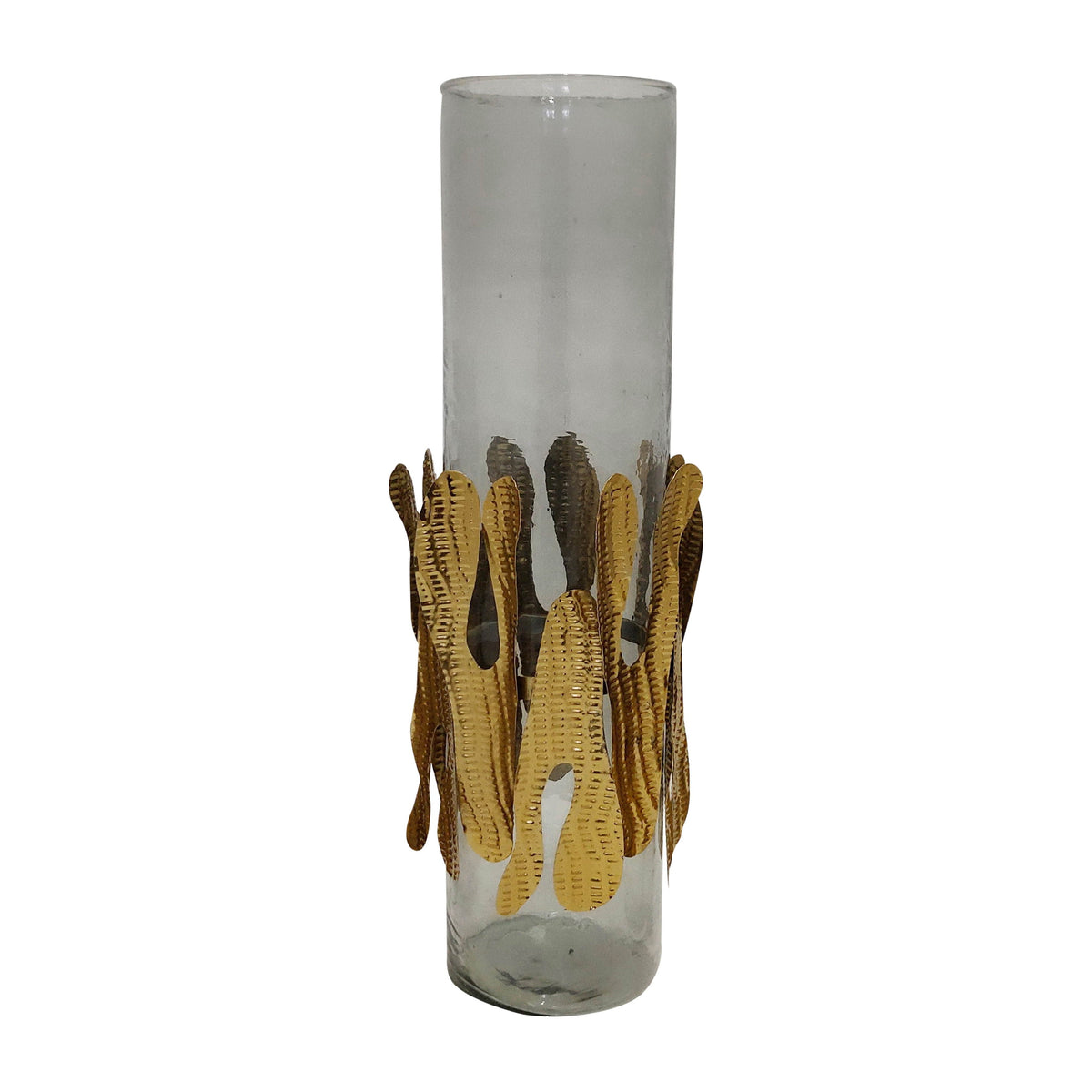 Glass 20" Candle Holder With Metal Detail - Gray