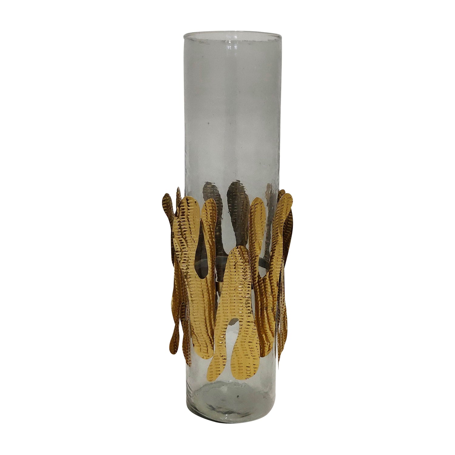 Glass 20" Candle Holder With Metal Detail - Gray