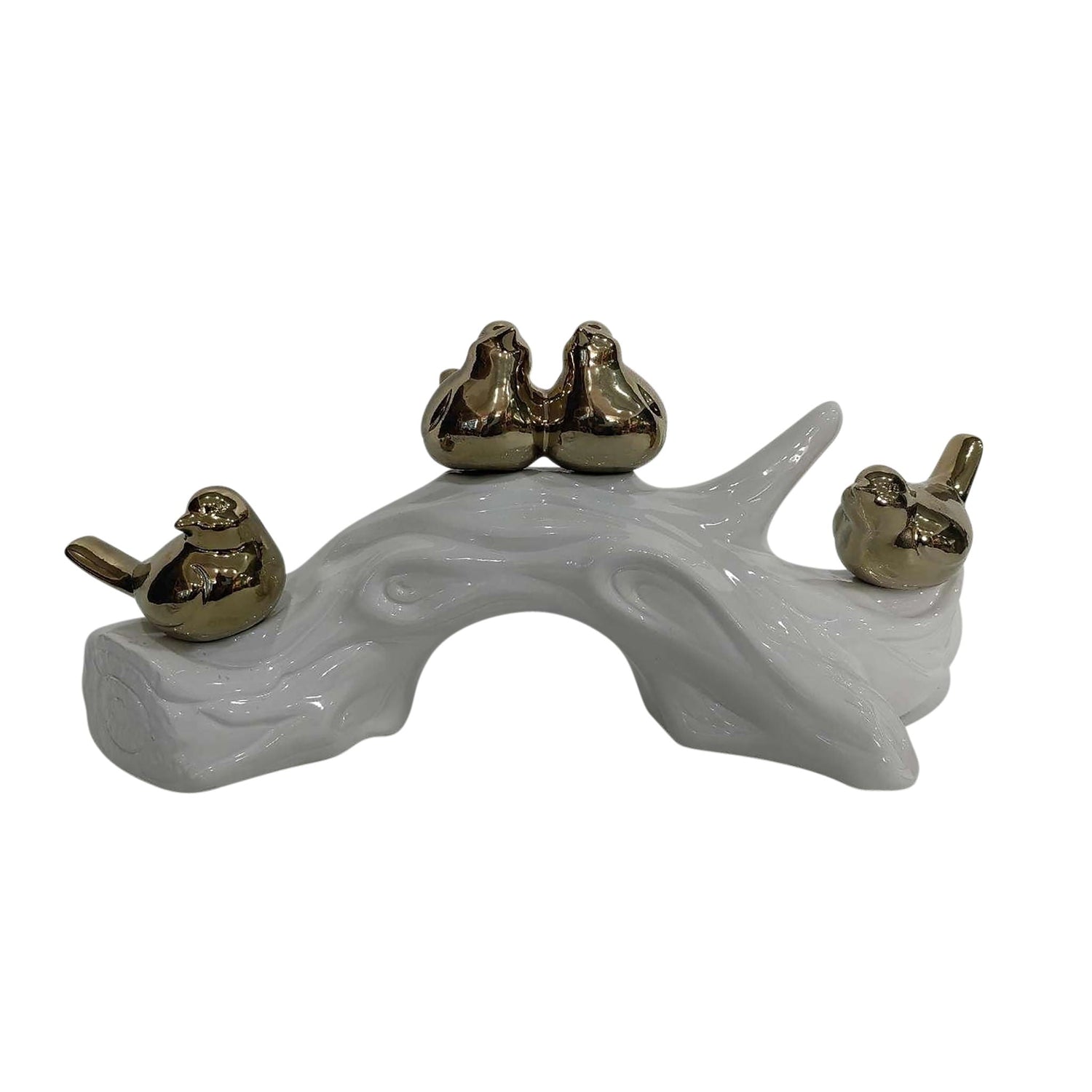14" Birds Sitting On Branch - White / Gold