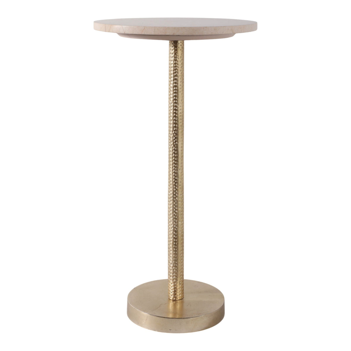 Small round table with a marble top and gold metal base on a white background