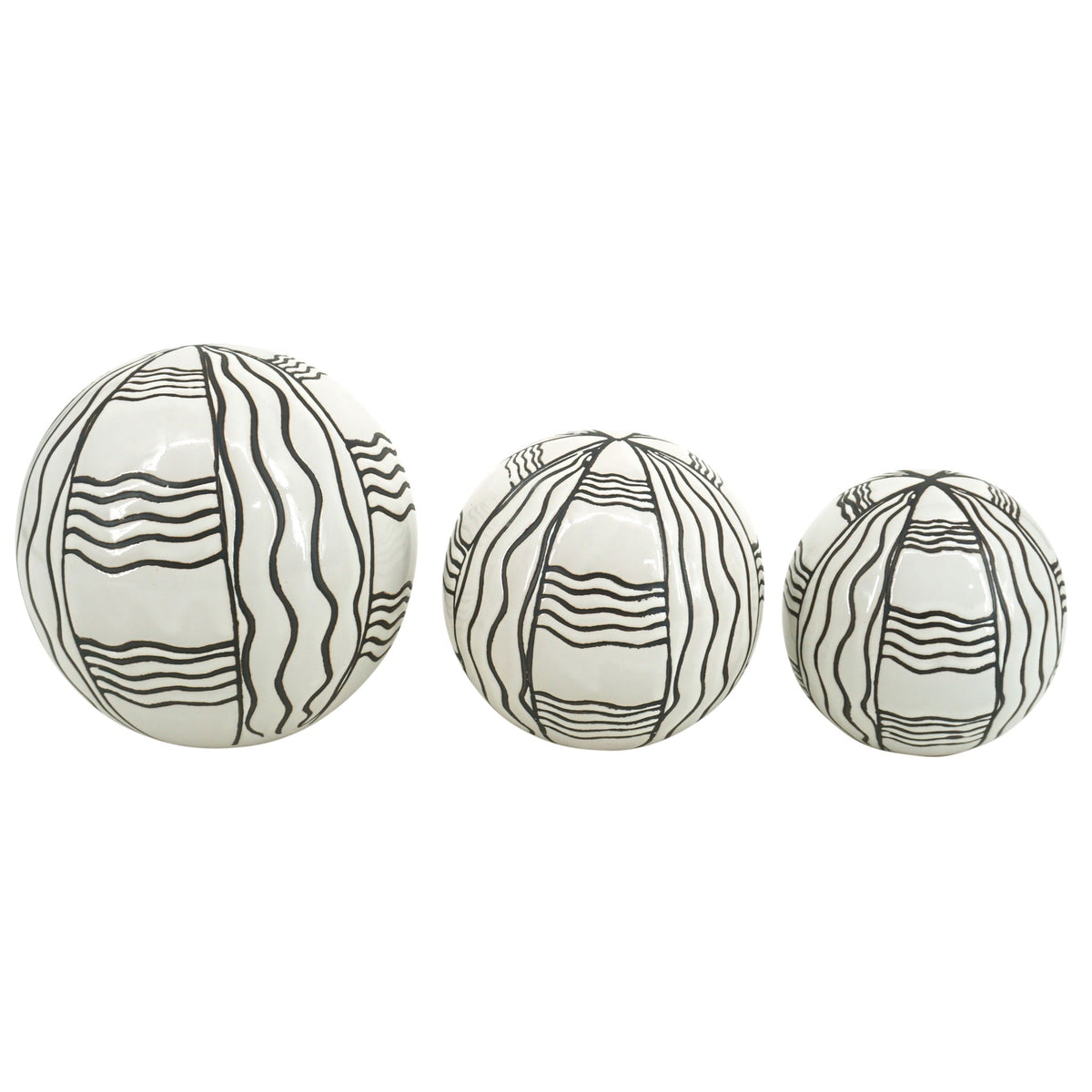 4" / 5" / 6" Ceramic Curvy Line Painted Orbs (Set of 3) - Black