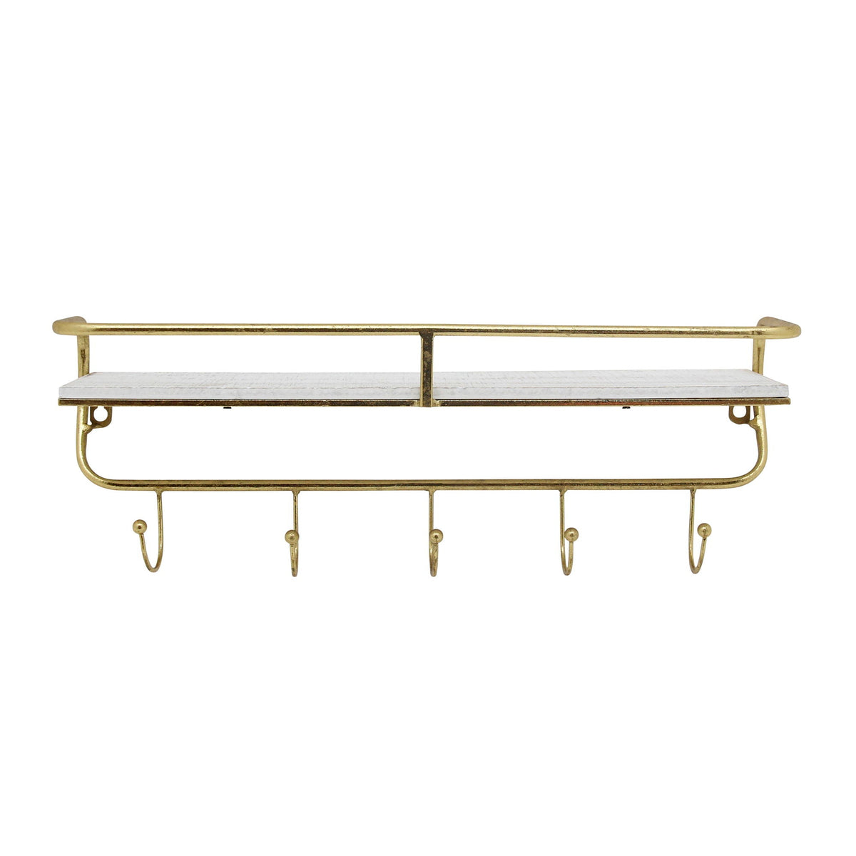 Metal / Wood 20" 5 Hook Wall Shelf - White / Gold