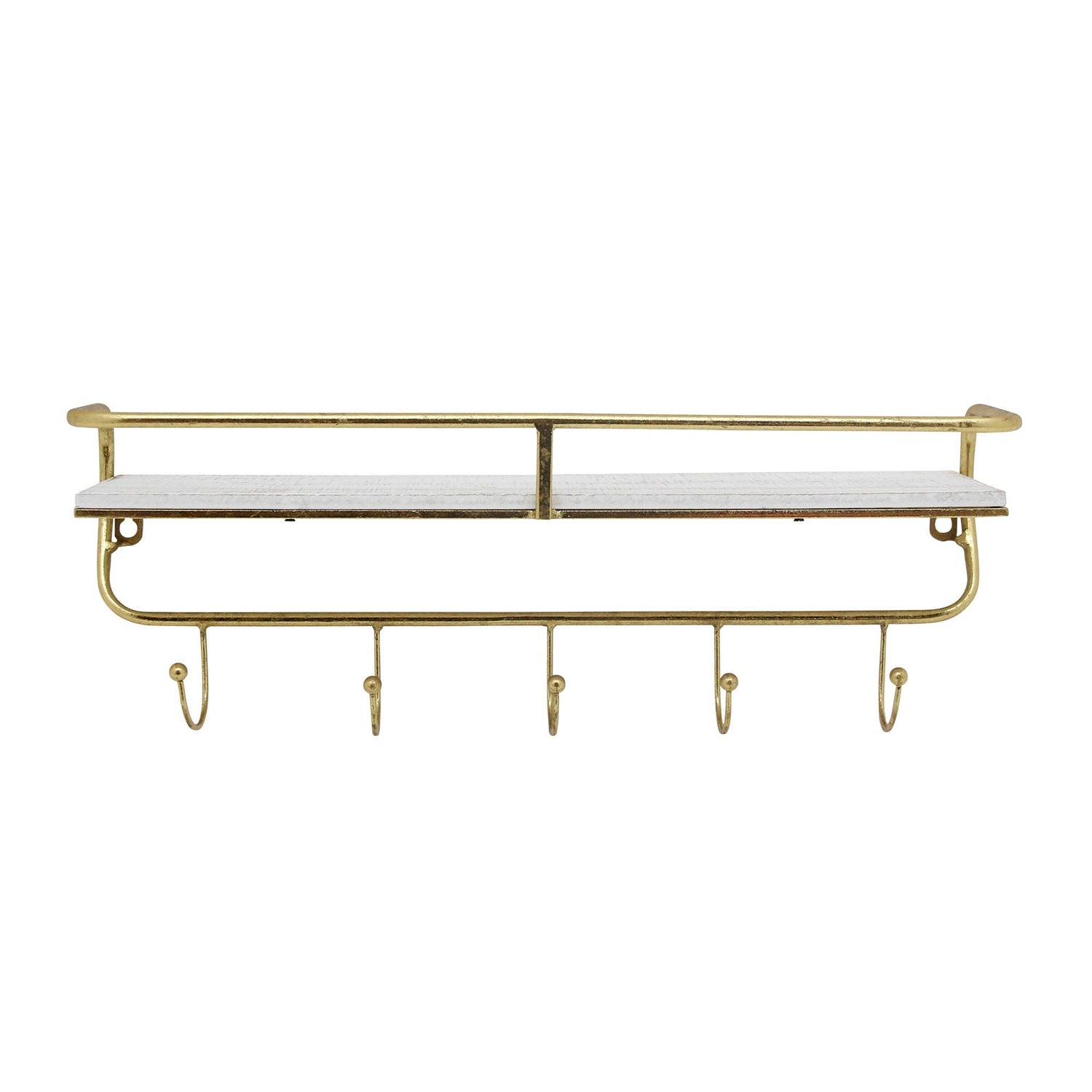 Metal / Wood 20" 5 Hook Wall Shelf - White / Gold
