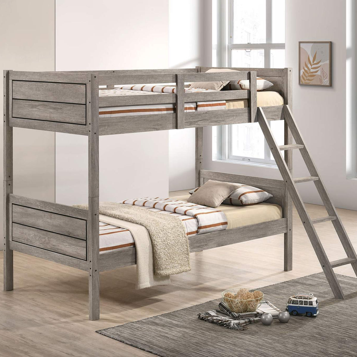 400818-SM Ryder Wood Twin Over Twin Bunk Bed with Mattress Weathered Taupe