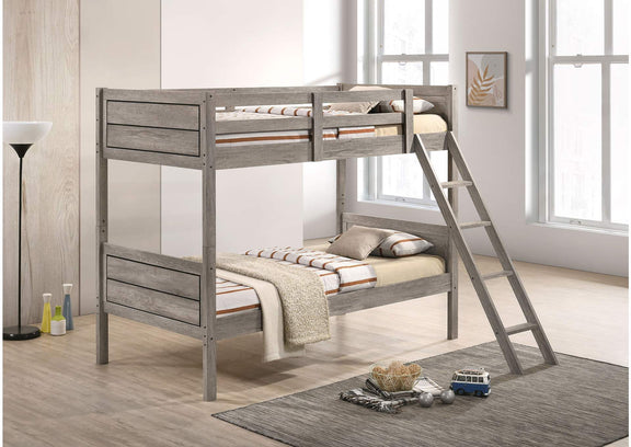 400818-SM Ryder Wood Twin Over Twin Bunk Bed with Mattress Weathered Taupe
