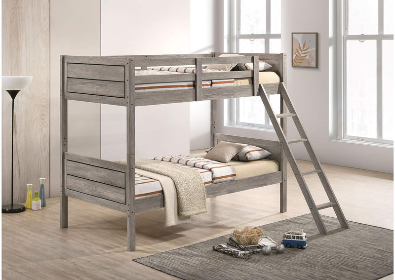 400818-SM Ryder Wood Twin Over Twin Bunk Bed with Mattress Weathered Taupe