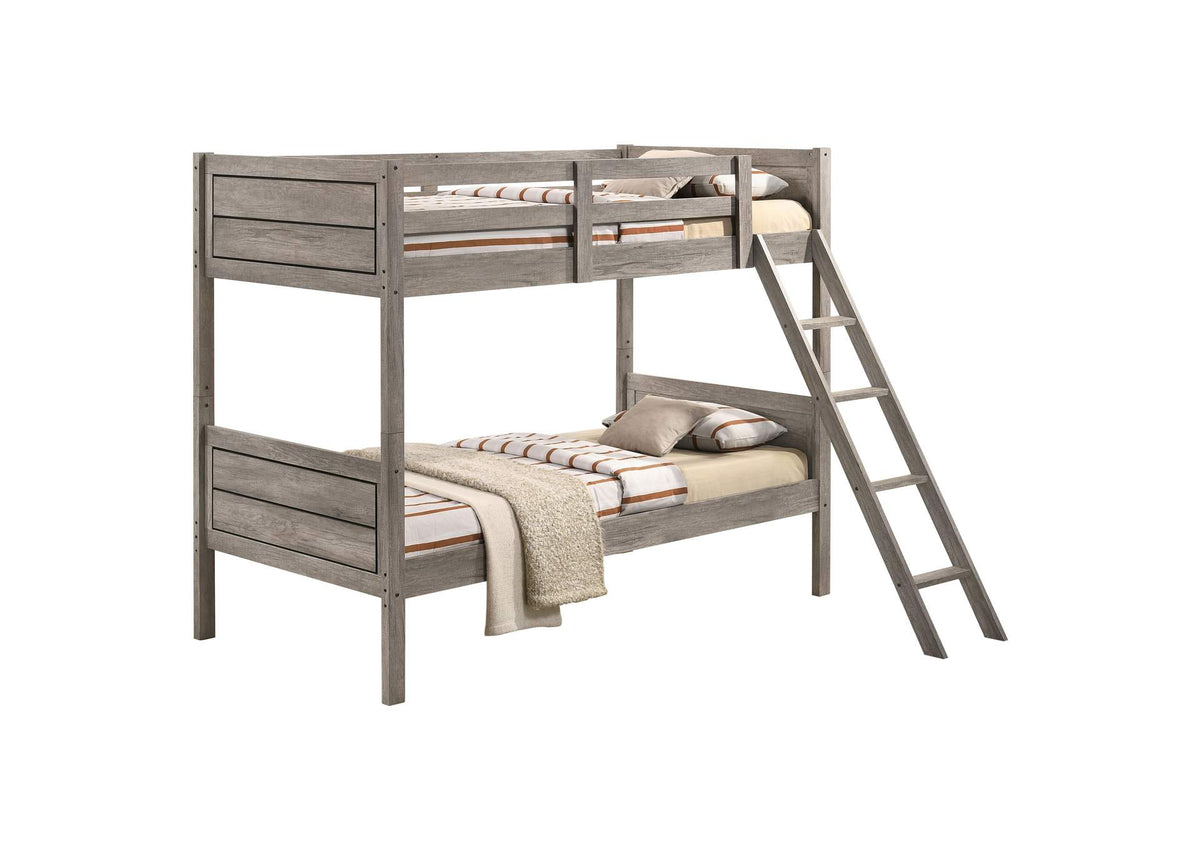 400818-SM Ryder Wood Twin Over Twin Bunk Bed with Mattress Weathered Taupe