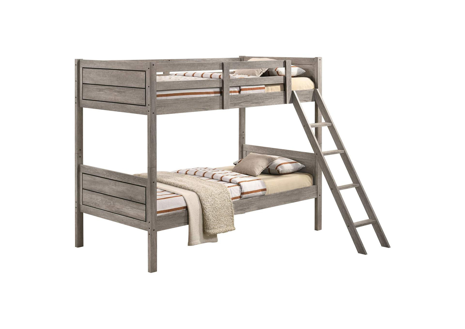 400818-SM Ryder Wood Twin Over Twin Bunk Bed with Mattress Weathered Taupe