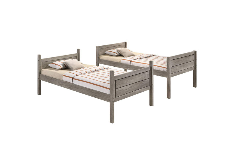 400818-SM Ryder Wood Twin Over Twin Bunk Bed with Mattress Weathered Taupe