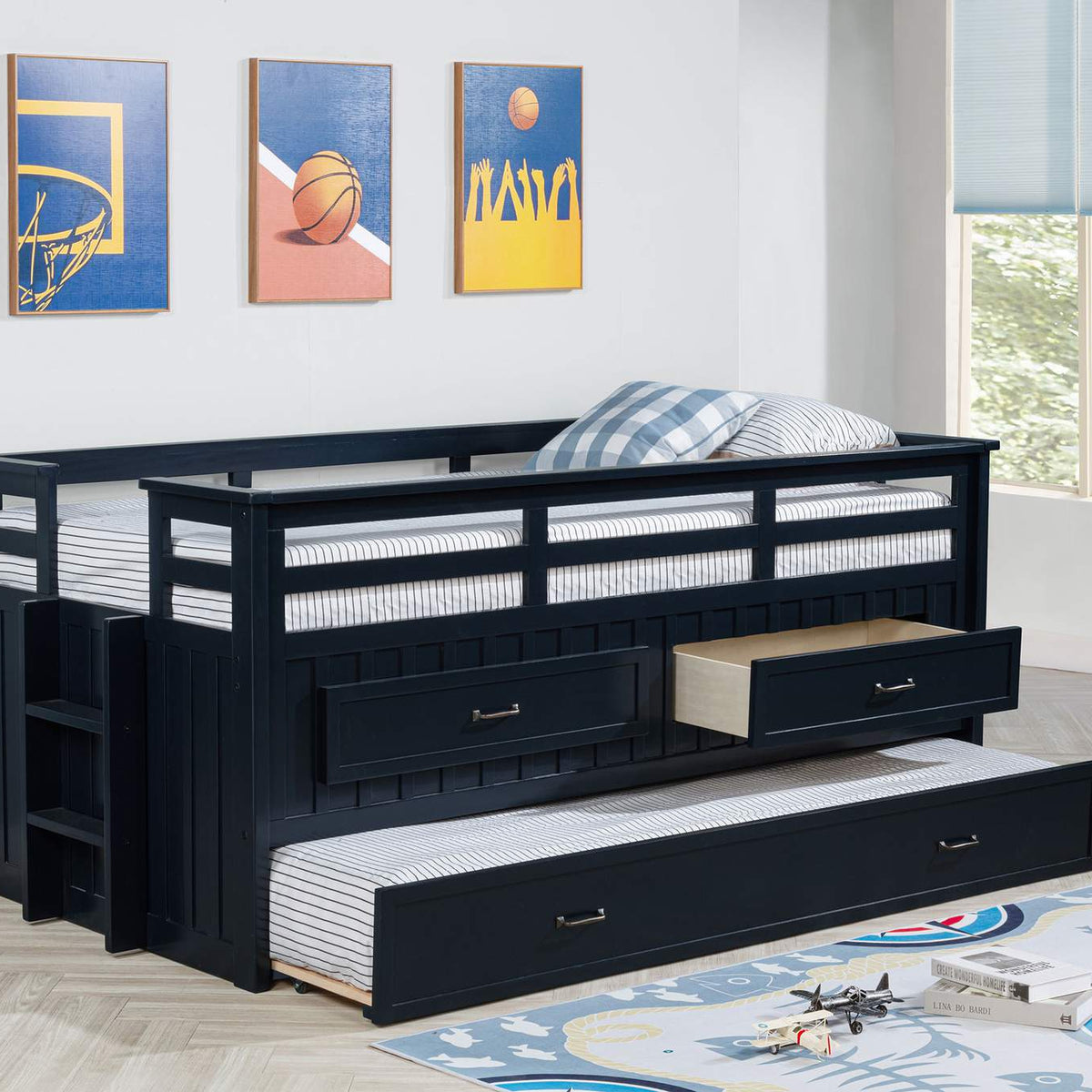 401980T Carlsbad Wood Twin Captains Bed With Trundle Navy Blue
