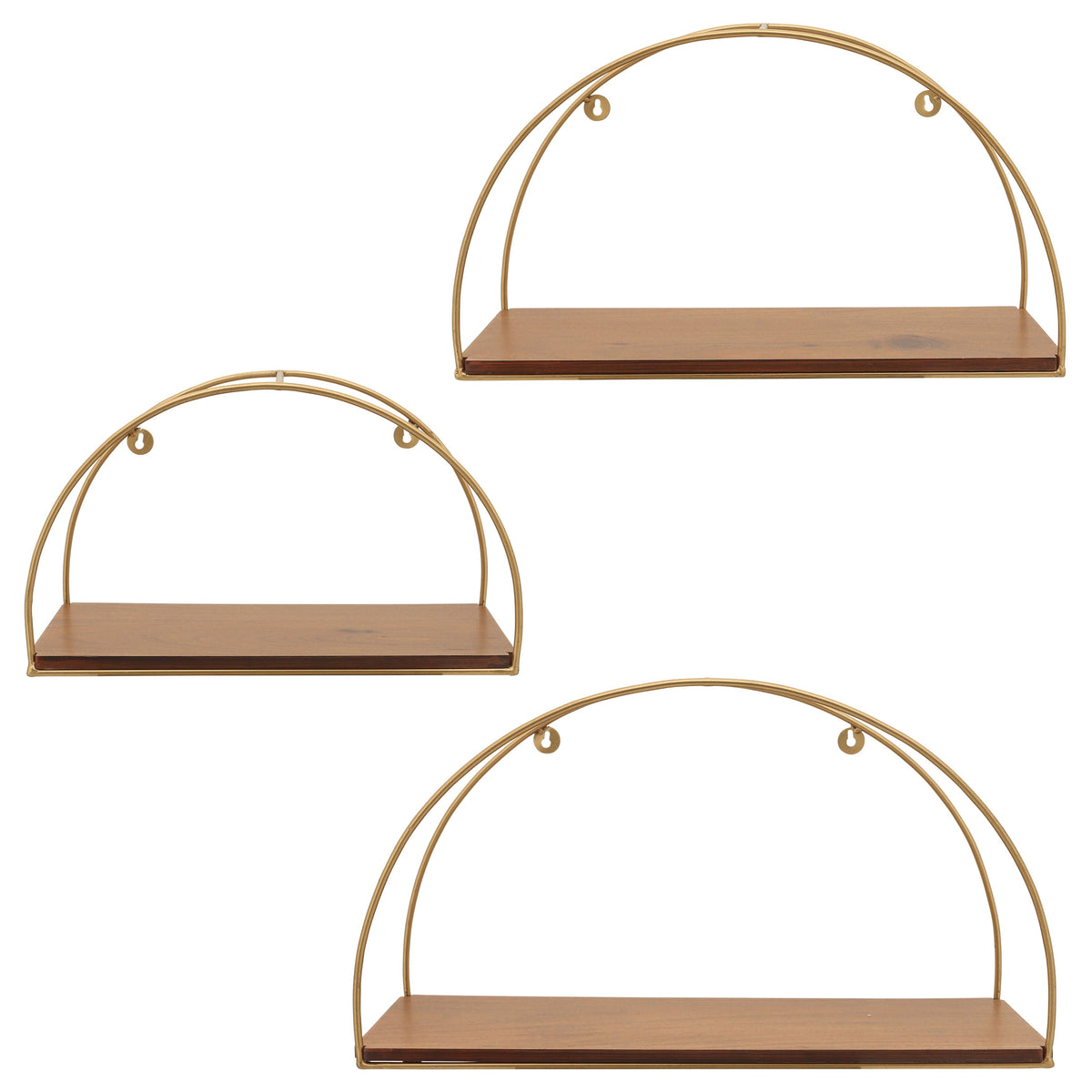 10" / 12" / 14" Metal / Wood Wall Shelves (Set of 3) - Brown / Gold