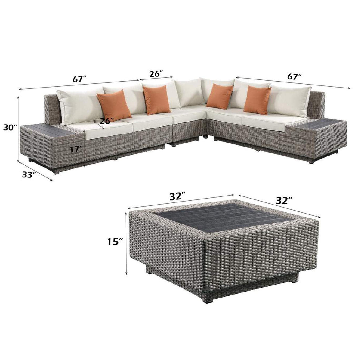 45020 Salena Patio Sectional Sofa with 4 Pillows and Coffee Table