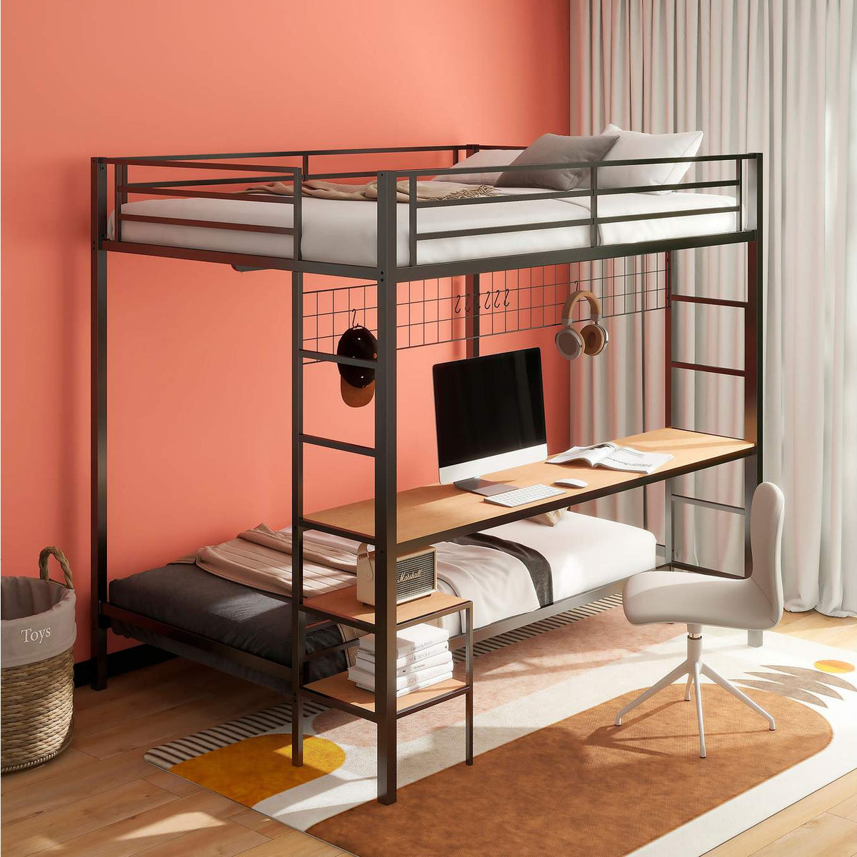 460209BLK Bettoni Metal Full Over Twin Workstation Bunk Bed Matte Black