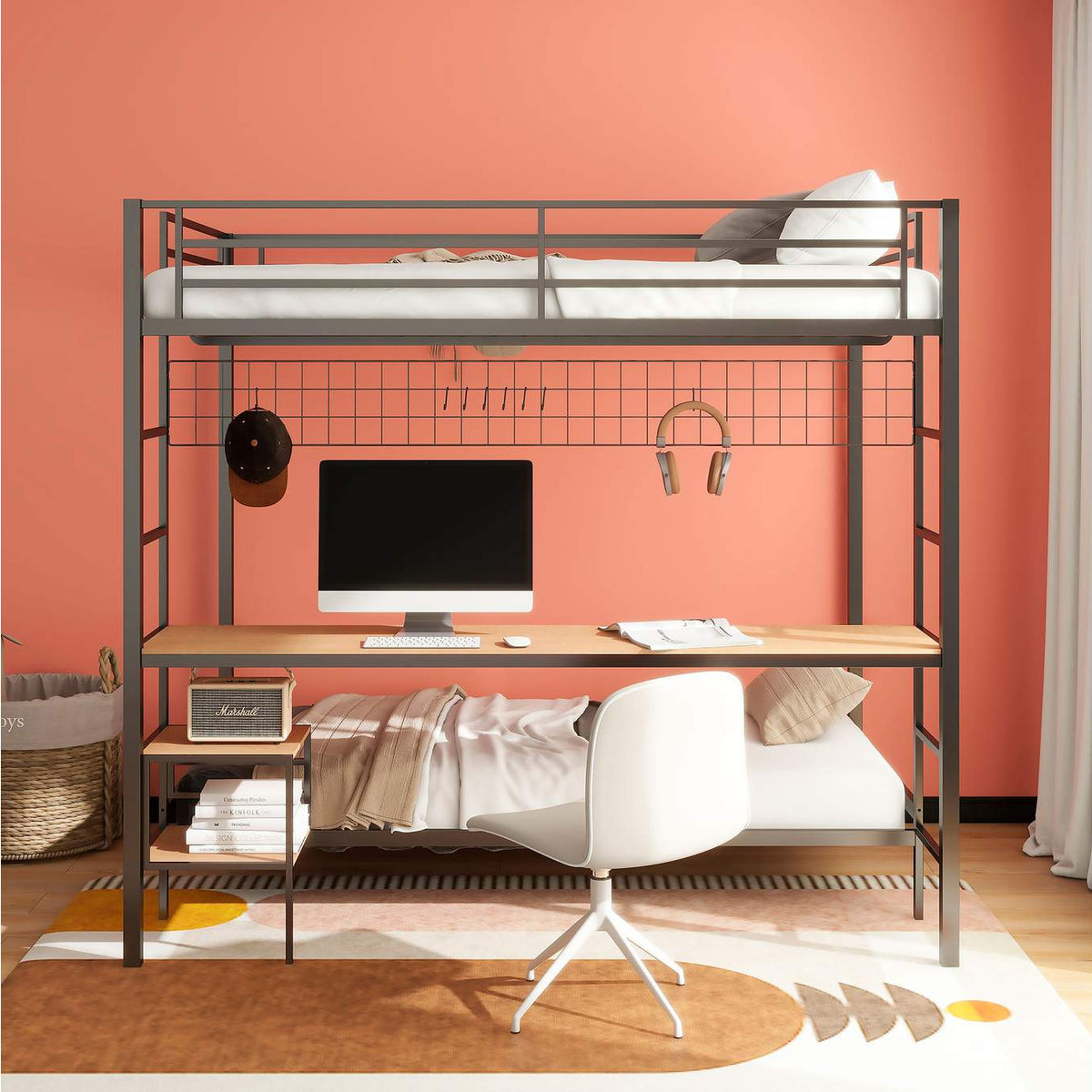 460209BLK Bettoni Metal Full Over Twin Workstation Bunk Bed Matte Black
