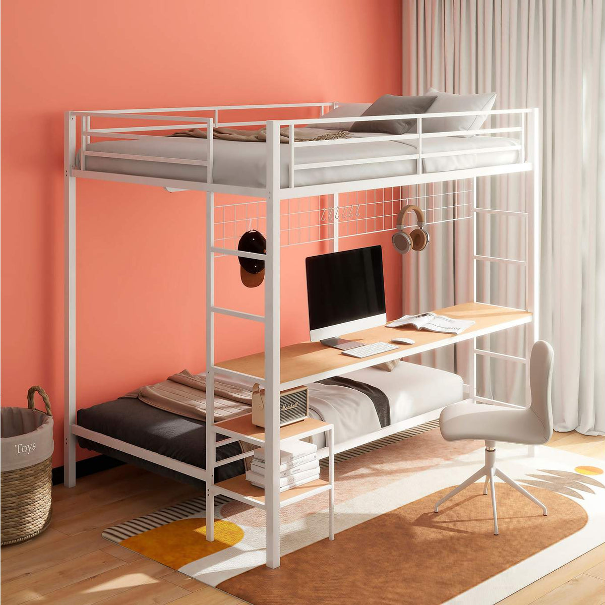 460209WHT Bettoni Metal Full Over Twin Workstation Bunk Bed Matte White