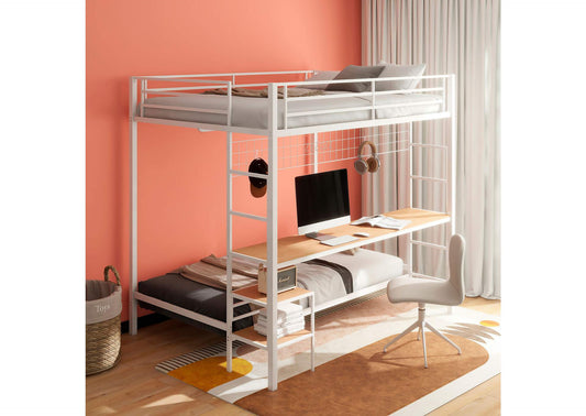 460209WHT Bettoni Metal Full Over Twin Workstation Bunk Bed Matte White