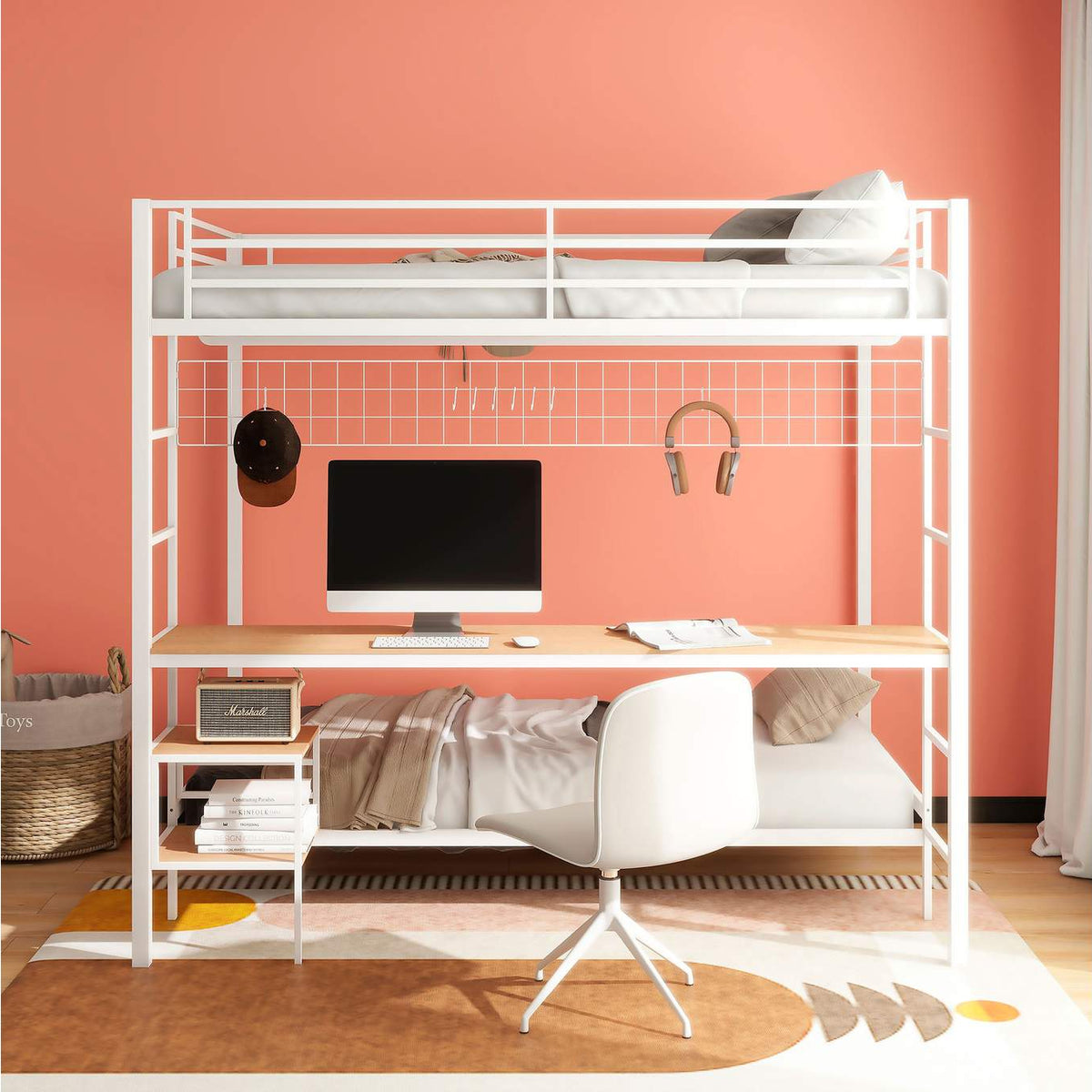 460209WHT Bettoni Metal Full Over Twin Workstation Bunk Bed Matte White
