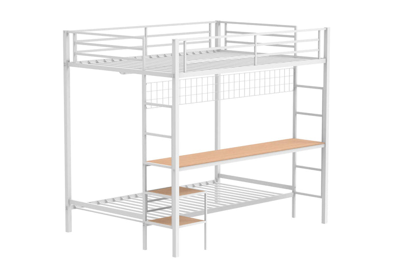460209WHT Bettoni Metal Full Over Twin Workstation Bunk Bed Matte White
