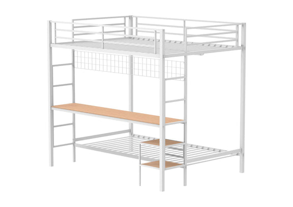 460209WHT Bettoni Metal Full Over Twin Workstation Bunk Bed Matte White