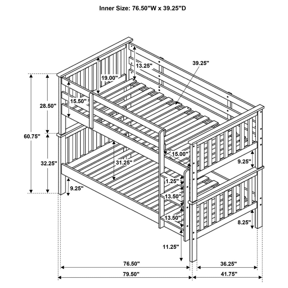460244N-SM Chapman Wood Twin Over Twin Bunk Bed with Mattress White