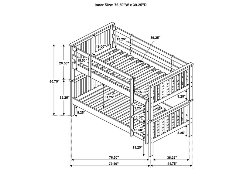 460244N-SM Chapman Wood Twin Over Twin Bunk Bed with Mattress White