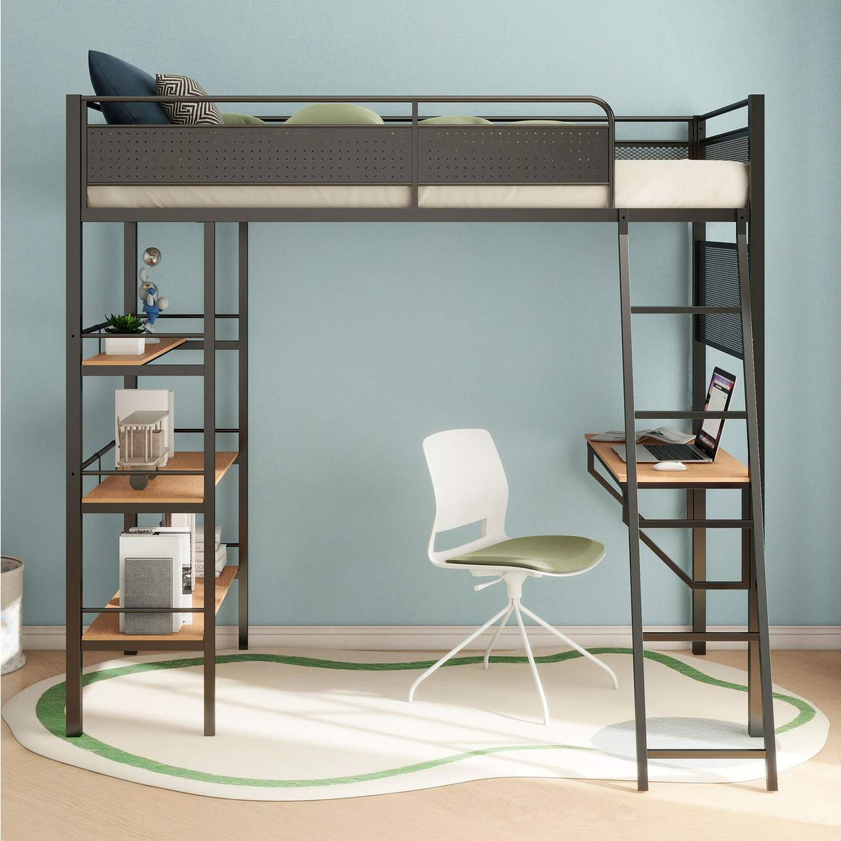 460332BLK Campus 3-shelf Metal Twin Workstation Loft Bed Matte Black