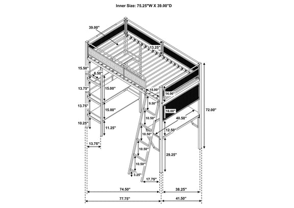 460332BLK Campus 3-shelf Metal Twin Workstation Loft Bed Matte Black