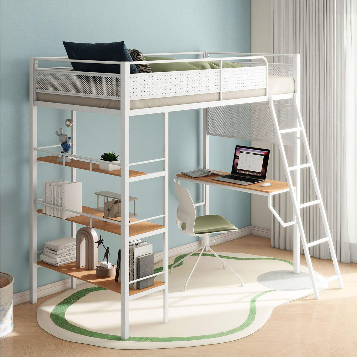 460332WHT Campus 3-shelf Metal Twin Workstation Loft Bed Matte White